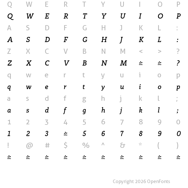 Character Map of FONTSPRING DEMO - Rogliano Bold Italic