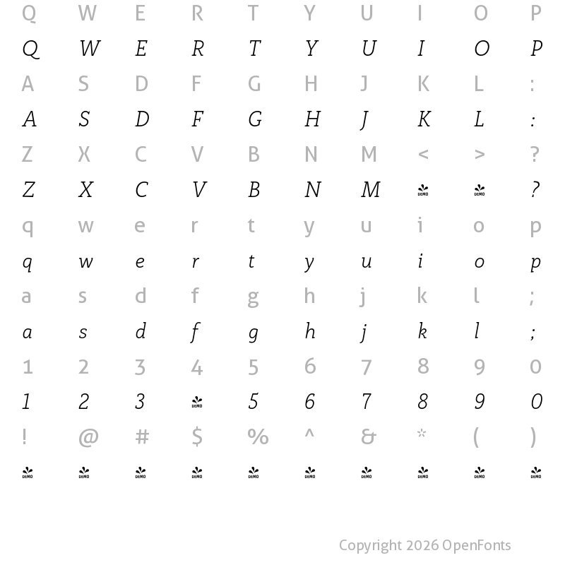 Character Map of FONTSPRING DEMO - Rogliano Light Italic