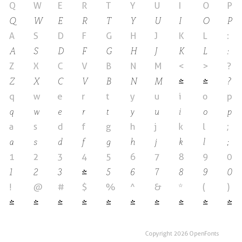 Character Map of FONTSPRING DEMO - Rogliano Thin Italic