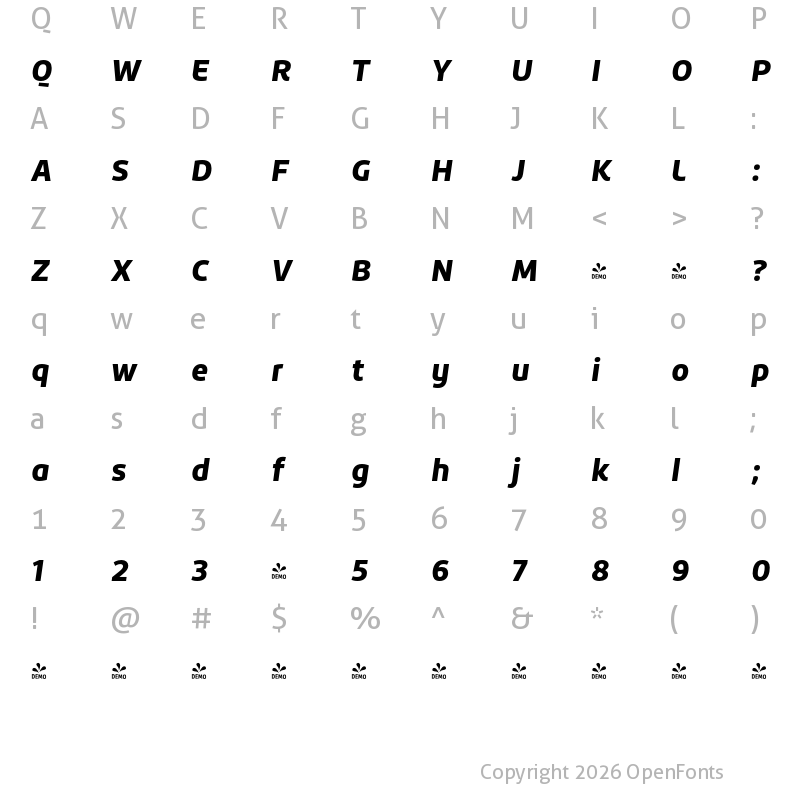 Character Map of FONTSPRING DEMO - Roihu Black Italic