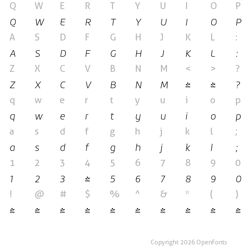 Character Map of FONTSPRING DEMO - Roihu ExtraLight Italic