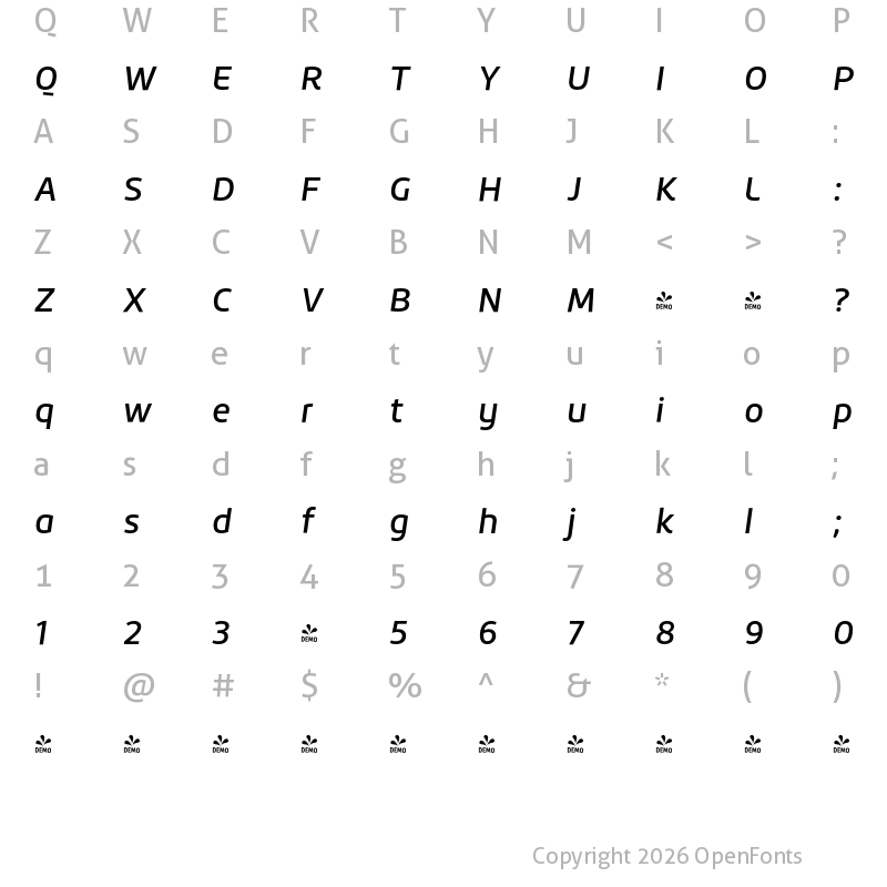 Character Map of FONTSPRING DEMO - Roihu Medium Italic
