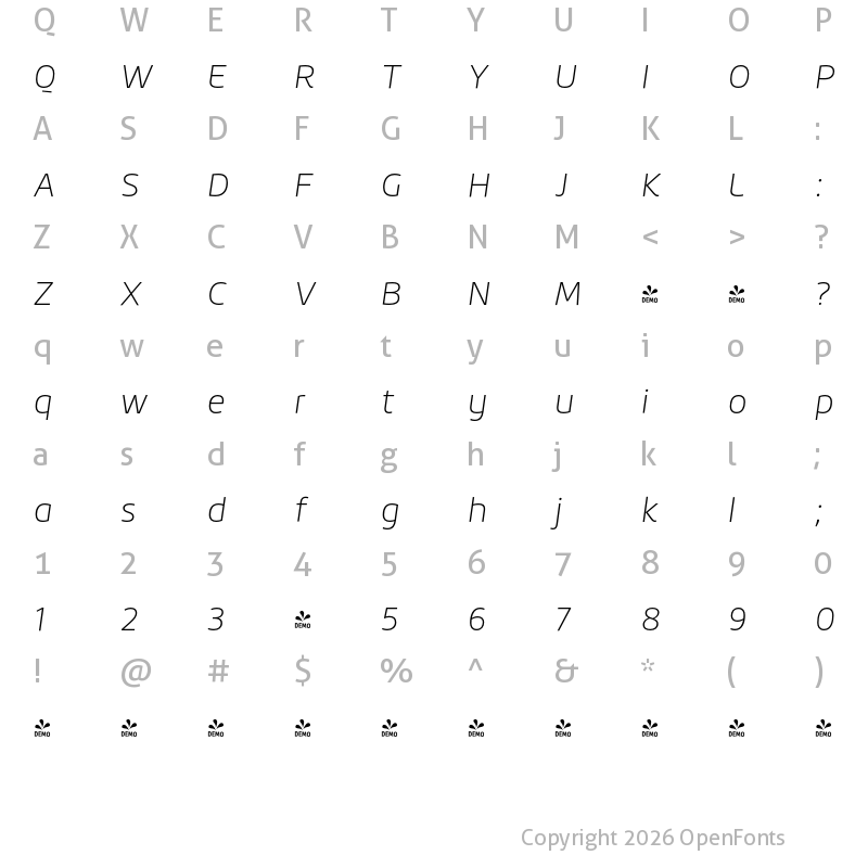 Character Map of FONTSPRING DEMO - Roihu Thin Italic