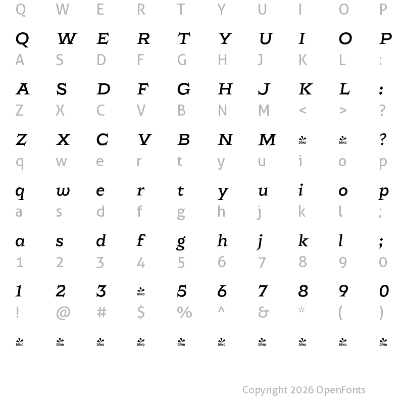 Character Map of FONTSPRING DEMO - Rokha Italic