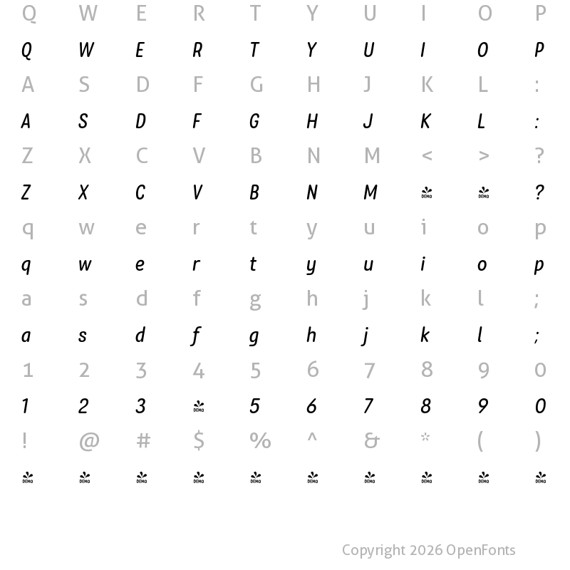 Character Map of FONTSPRING DEMO - Rolade Italic Regular