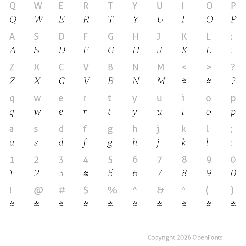 Character Map of FONTSPRING DEMO - Rolleston Display ExtLt Italic
