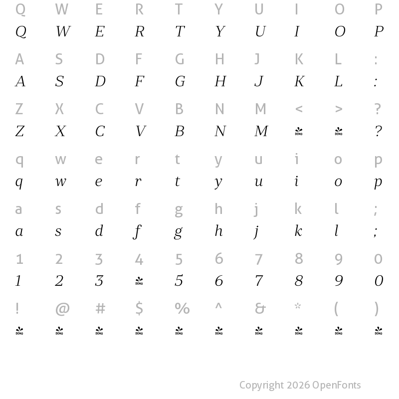 Character Map of FONTSPRING DEMO - Rolleston Display Light Italic