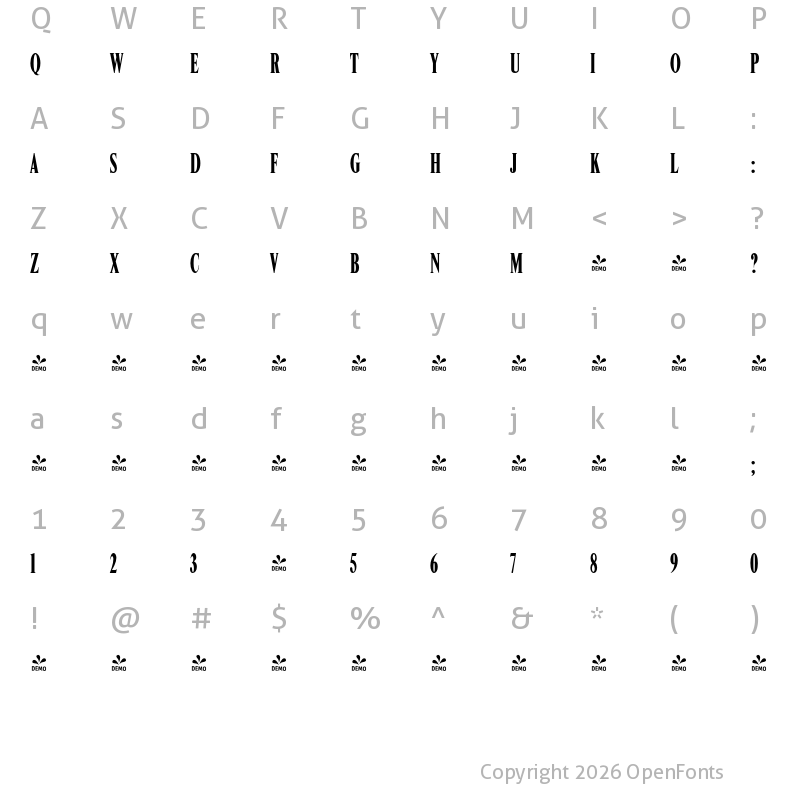Character Map of FONTSPRING DEMO - Roman Pro Compressed Regular