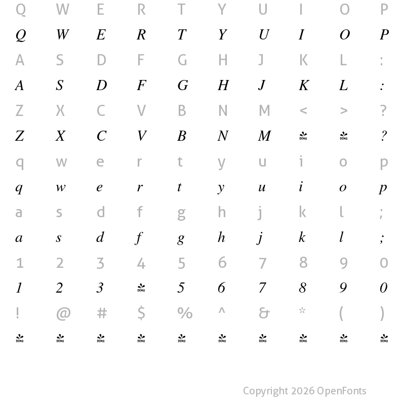 Character Map of FONTSPRING DEMO - Roman PS Pro Italic