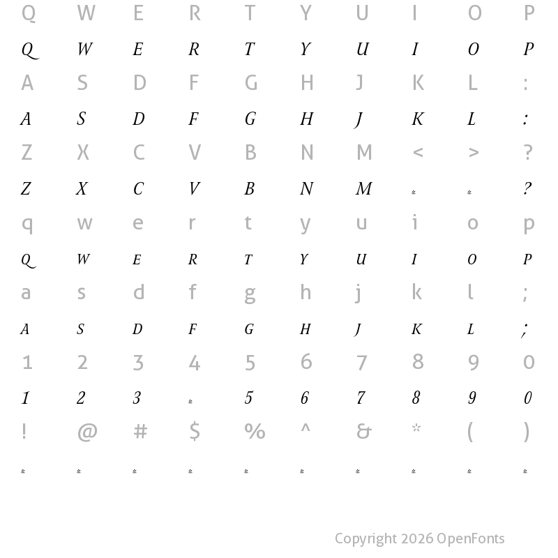 Character Map of FONTSPRING DEMO - Romis Medium Italic Regular
