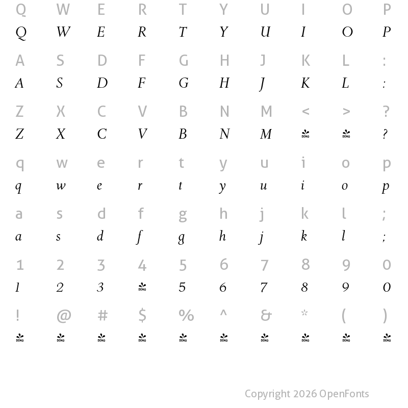 Character Map of FONTSPRING DEMO - Roos Roman Italic