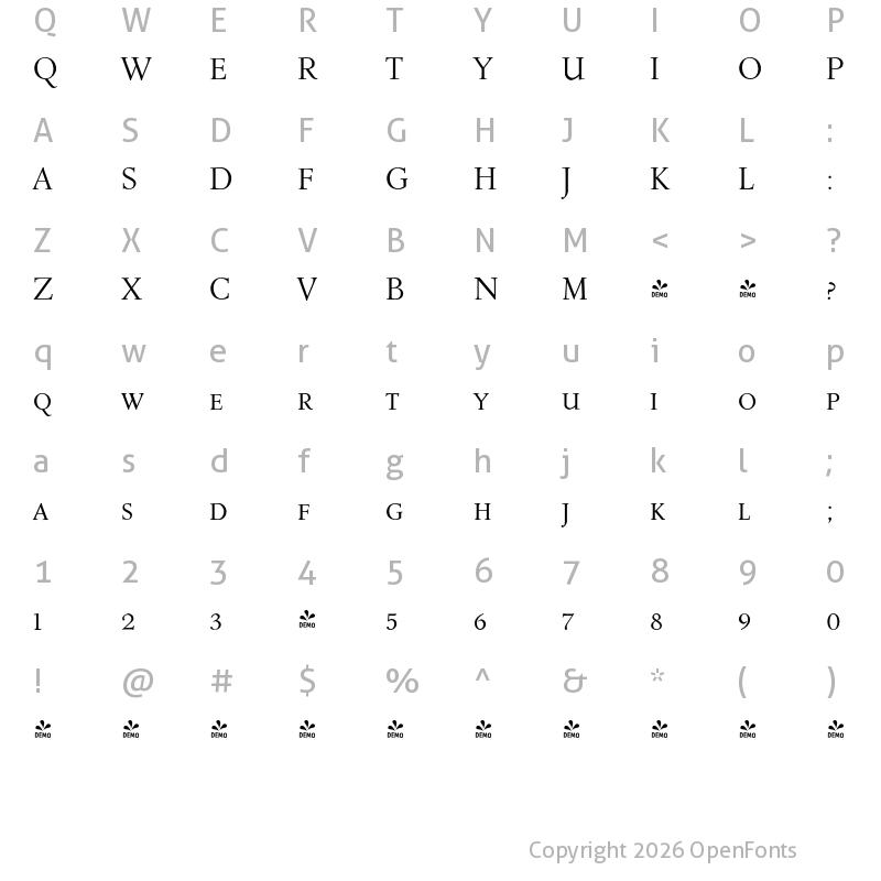 Character Map of FONTSPRING DEMO - Roos Roman SC Regular
