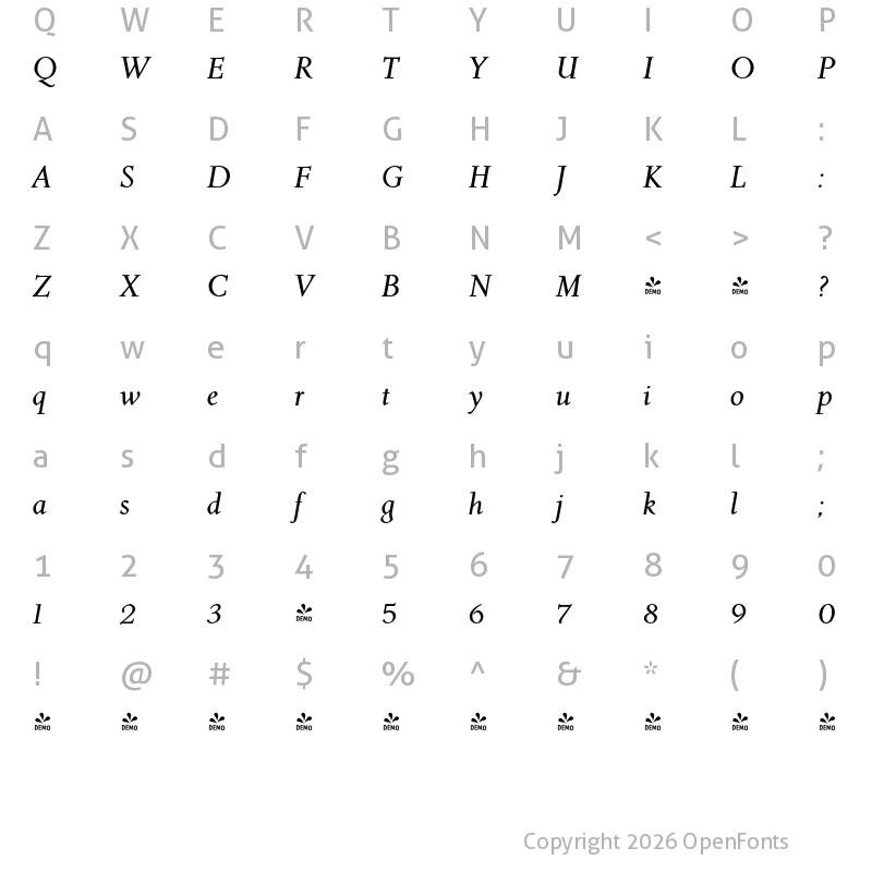 Character Map of FONTSPRING DEMO - Roos SemiBold Italic