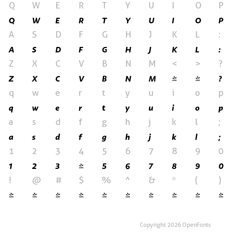 Character Map of FONTSPRING DEMO - Rosales Bold It Regular
