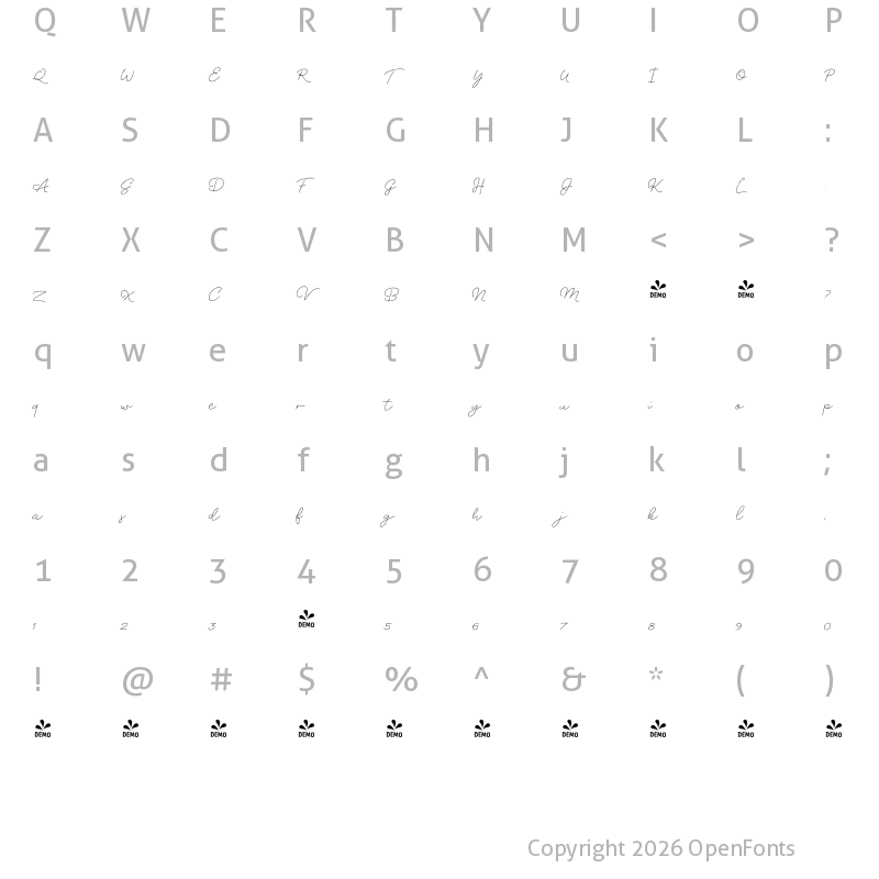 Character Map of FONTSPRING DEMO - RoseGarden Pen 2 Regular