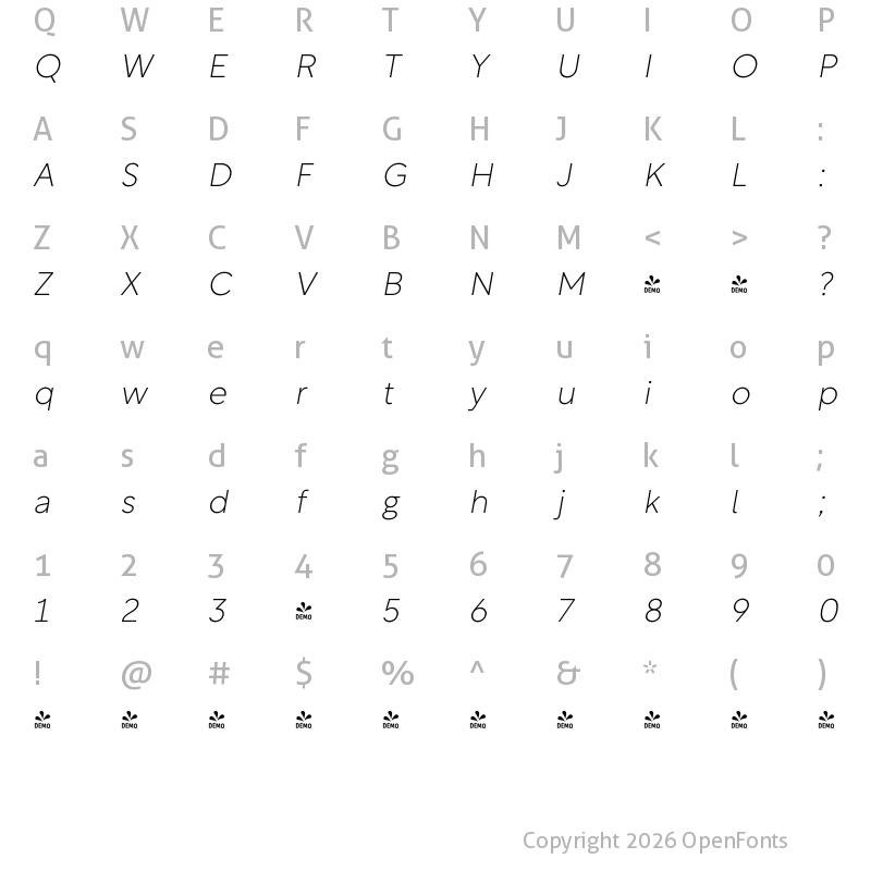 Character Map of FONTSPRING DEMO - Rotunda Thin-Med Italic