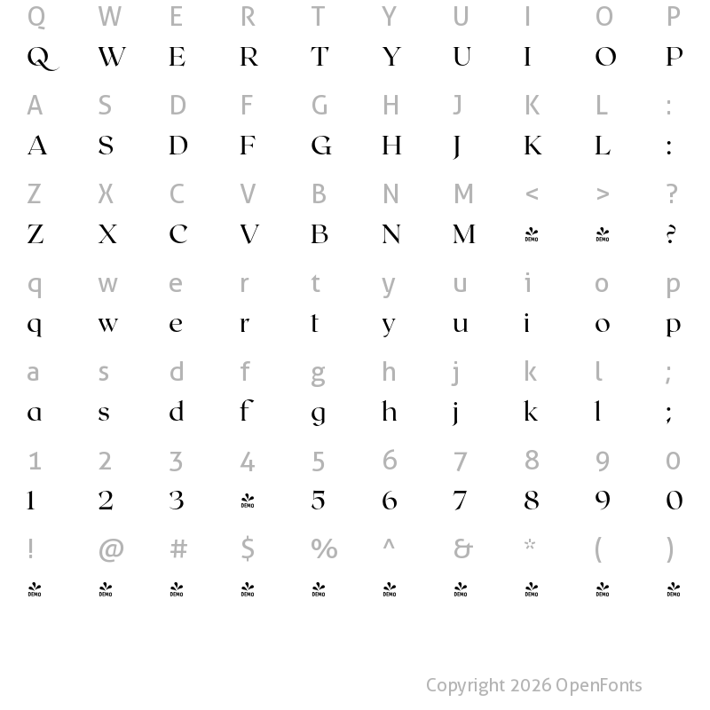 Character Map of FONTSPRING DEMO - Roxborough CF Regular