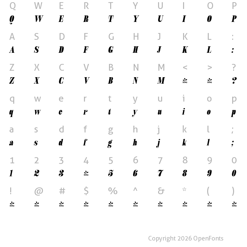 Character Map of FONTSPRING DEMO - Royalis Black Cond Oblique Regular