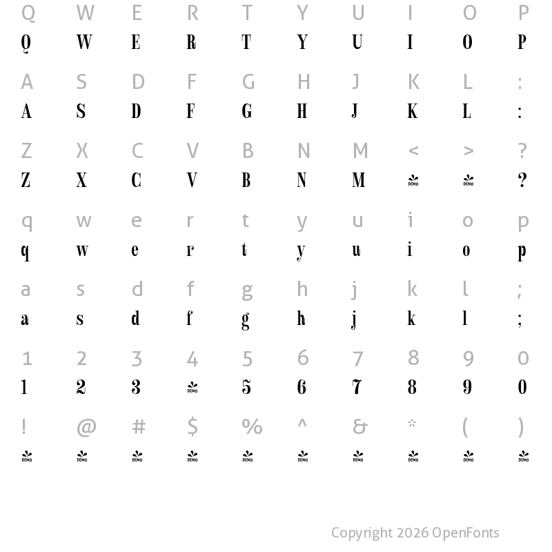 Character Map of FONTSPRING DEMO - Royalis Medium Cond Regular