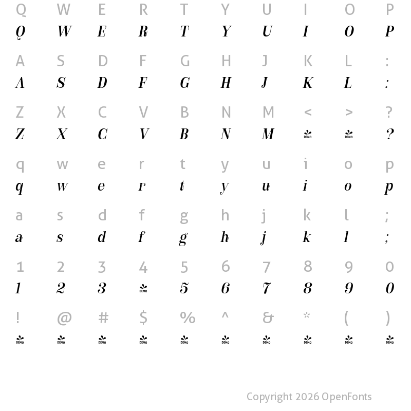 Character Map of FONTSPRING DEMO - Royalis Oblique Regular