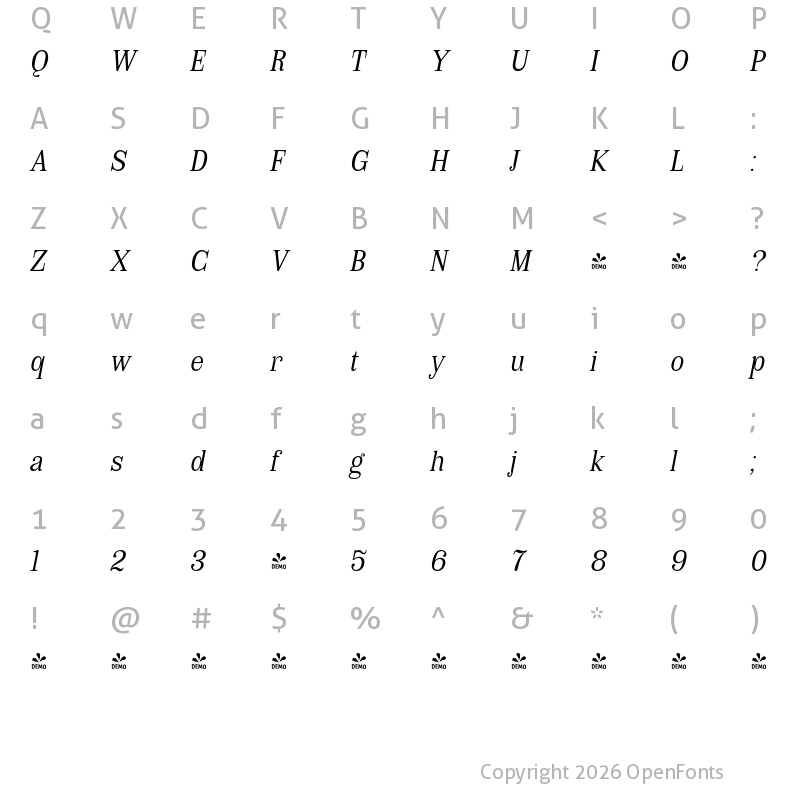 Character Map of FONTSPRING DEMO - Royalis Text Light Oblique Regular