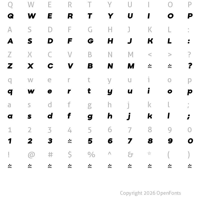 Character Map of FONTSPRING DEMO - Ryker Black Oblique Bold Italic