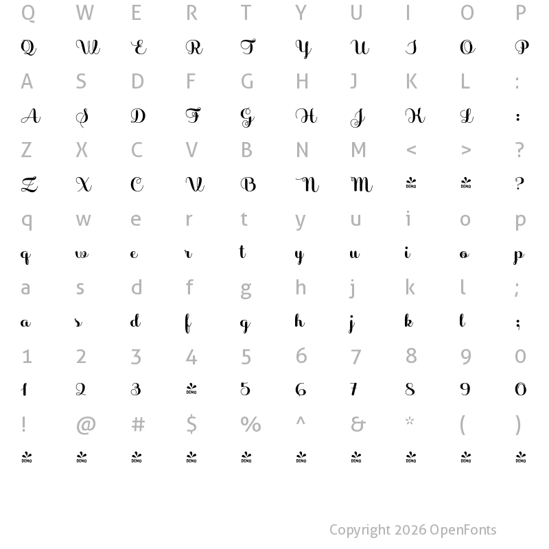 Character Map of FONTSPRING DEMO - Sabores Script Black Regular