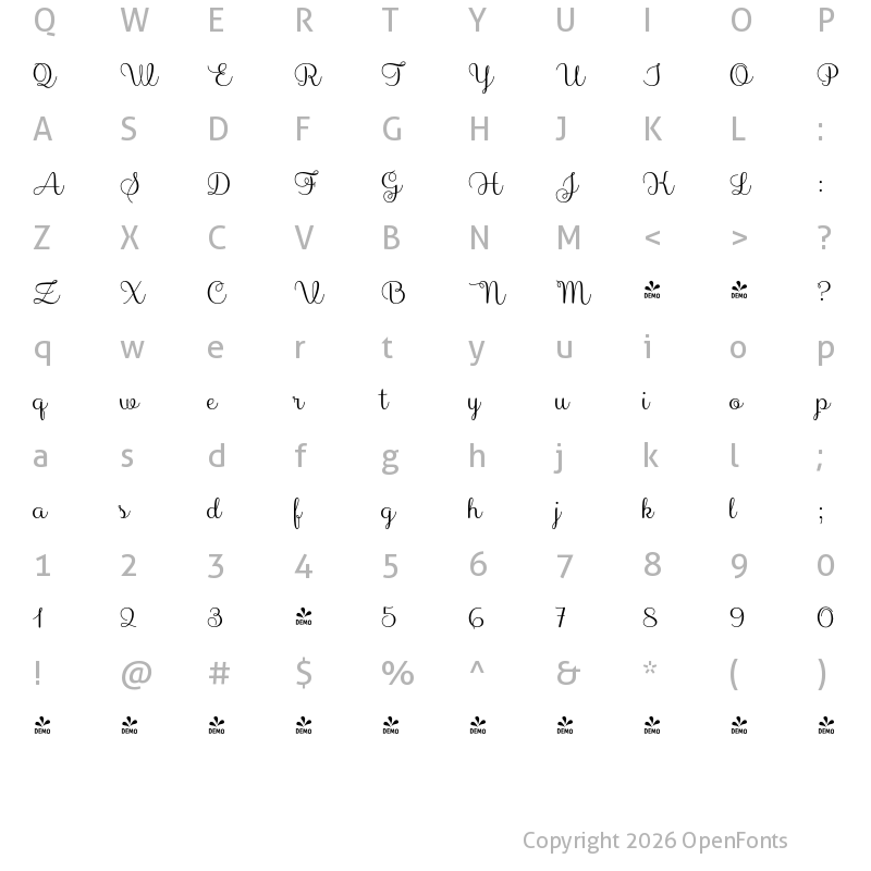 Character Map of FONTSPRING DEMO - Sabores Script Regular