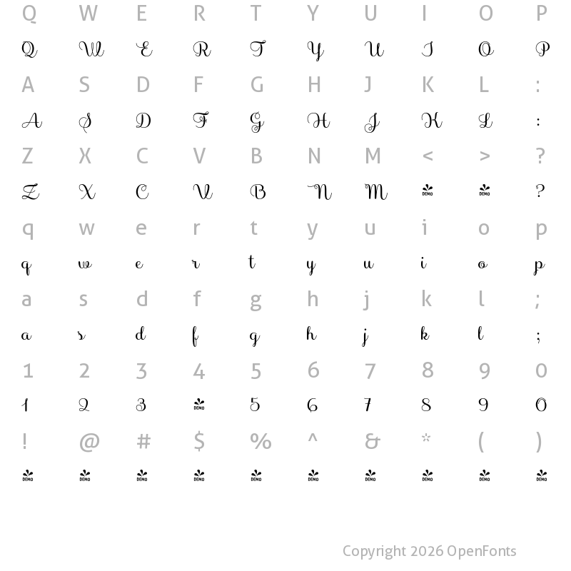 Character Map of FONTSPRING DEMO - Sabores Script Semibold Regular