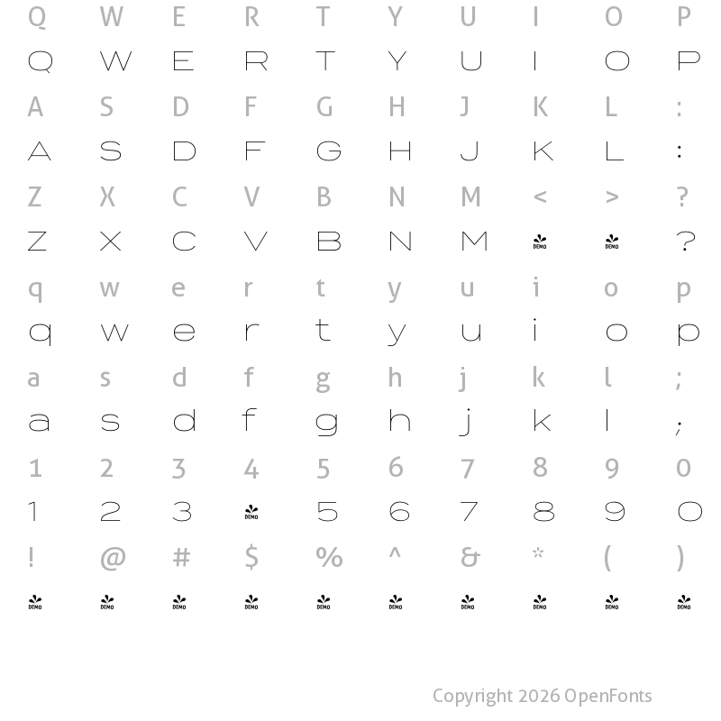Character Map of FONTSPRING DEMO - Sabrosa Light Regular