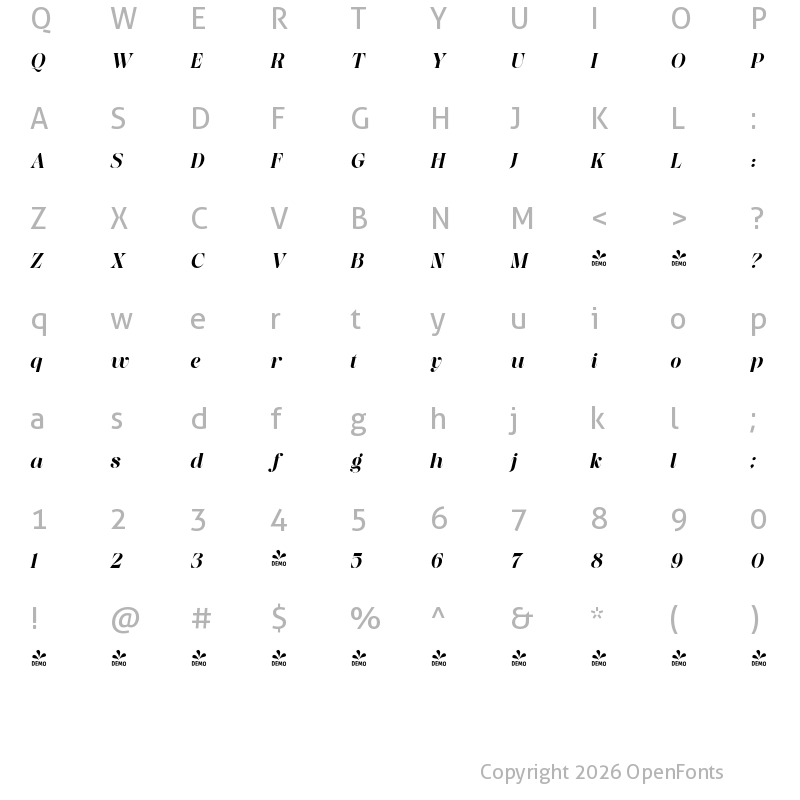Character Map of FONTSPRING DEMO - Saficel ExtBd Italic