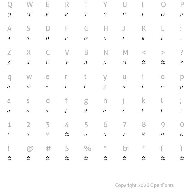Character Map of FONTSPRING DEMO - Saficel ExtLt Italic