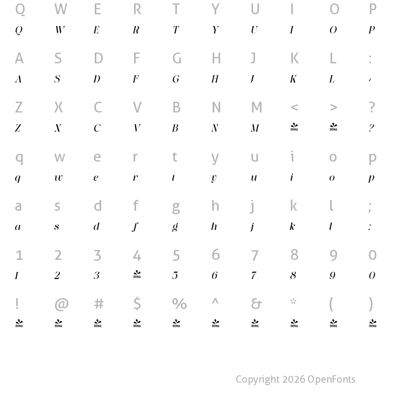 Character Map of FONTSPRING DEMO - Saficel Italic