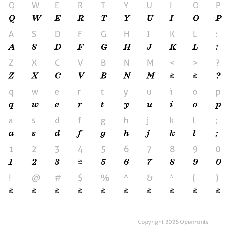 Character Map of FONTSPRING DEMO - Sagona SemiBold Italic