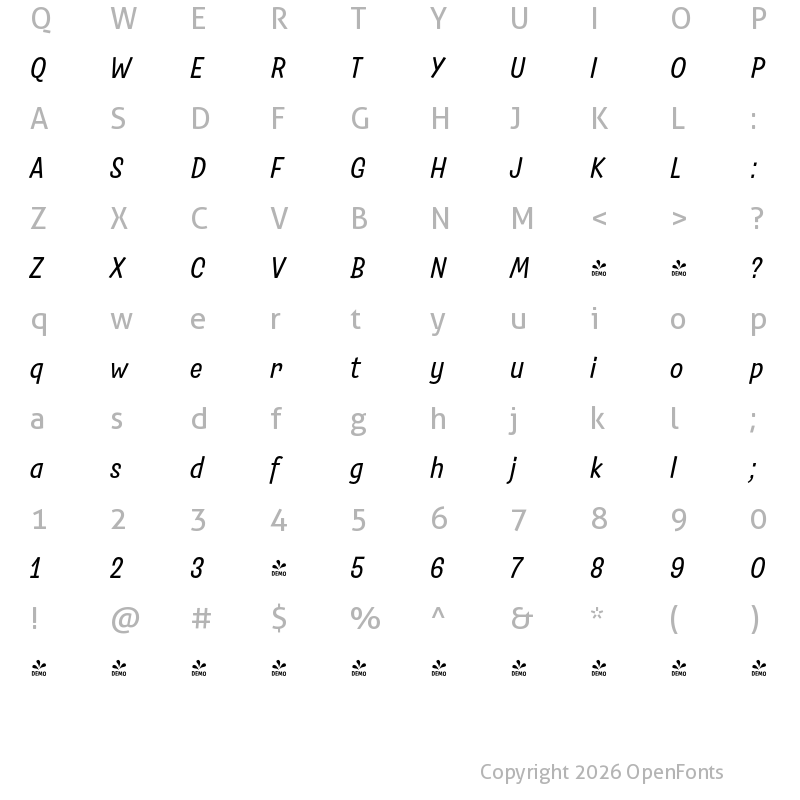 Character Map of FONTSPRING DEMO - Salad Italic