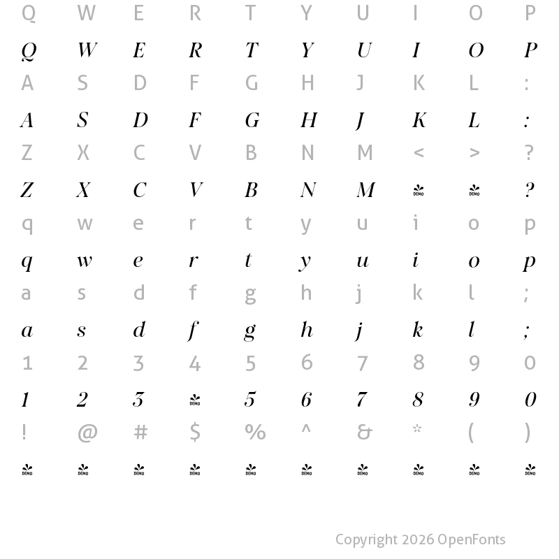 Character Map of FONTSPRING DEMO - Salina Italic Regular