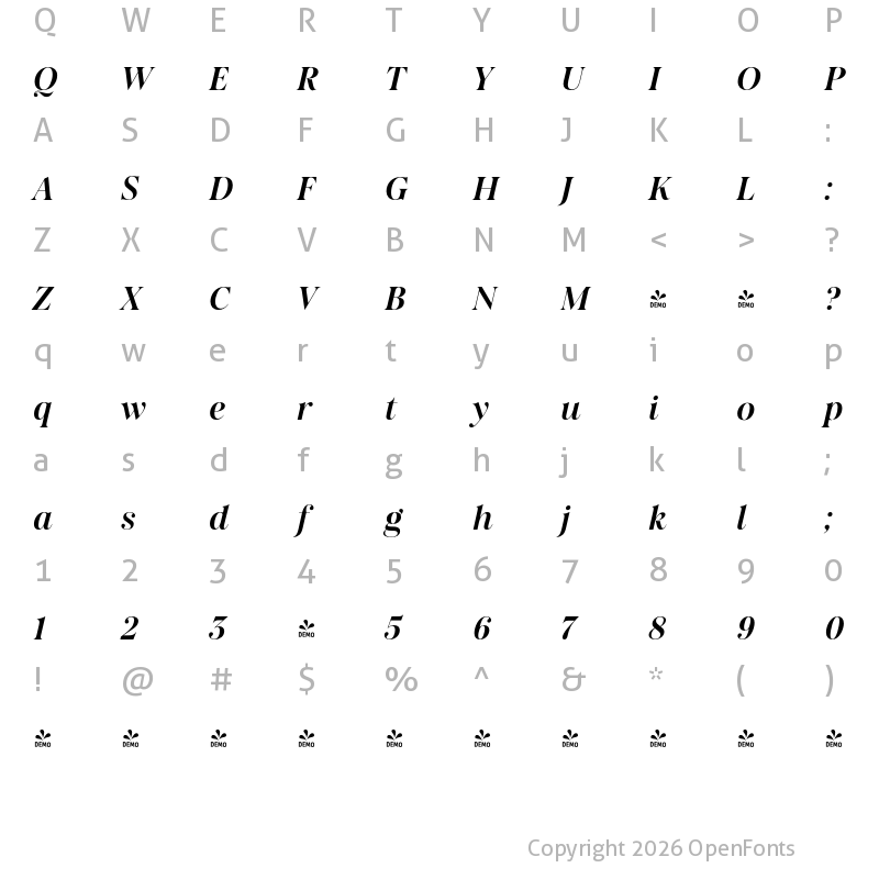 Character Map of FONTSPRING DEMO - Salina Medium Italic Regular