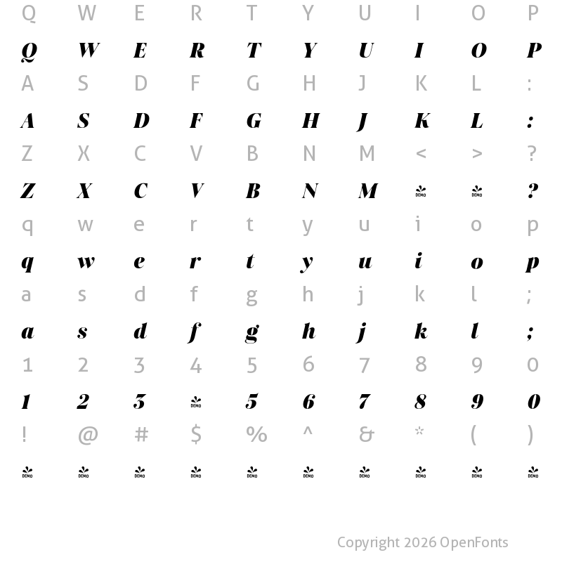 Character Map of FONTSPRING DEMO - Salina Swashes Black Italic Regular
