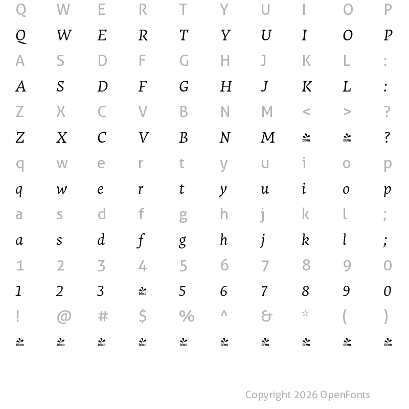 Character Map of FONTSPRING DEMO - Salom Italic