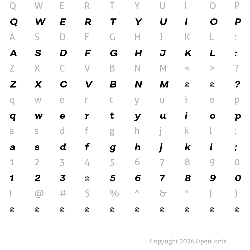 Character Map of FONTSPRING DEMO - Salvatore Bold Italic Regular