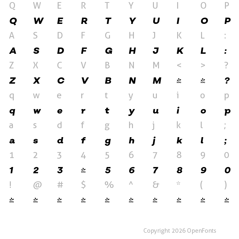 Character Map of FONTSPRING DEMO - Salvatore ExtraBold Italic Regular