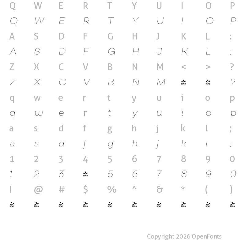 Character Map of FONTSPRING DEMO - Salvatore Roman Thin Italic Regular