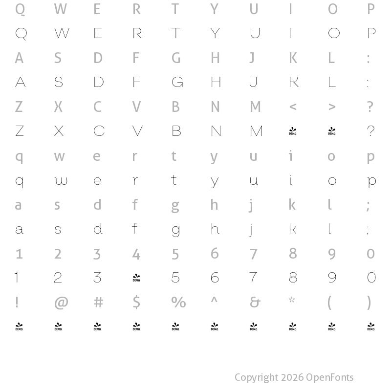 Character Map of FONTSPRING DEMO - Salvatore Roman Thin Regular