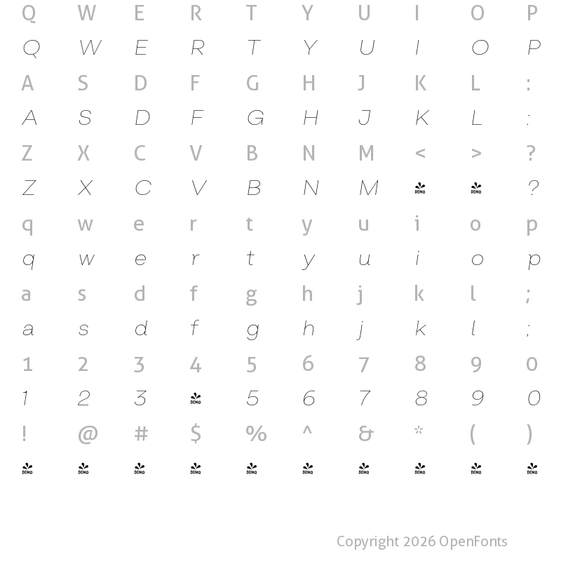 Character Map of FONTSPRING DEMO - Salvatore Thin Italic Regular