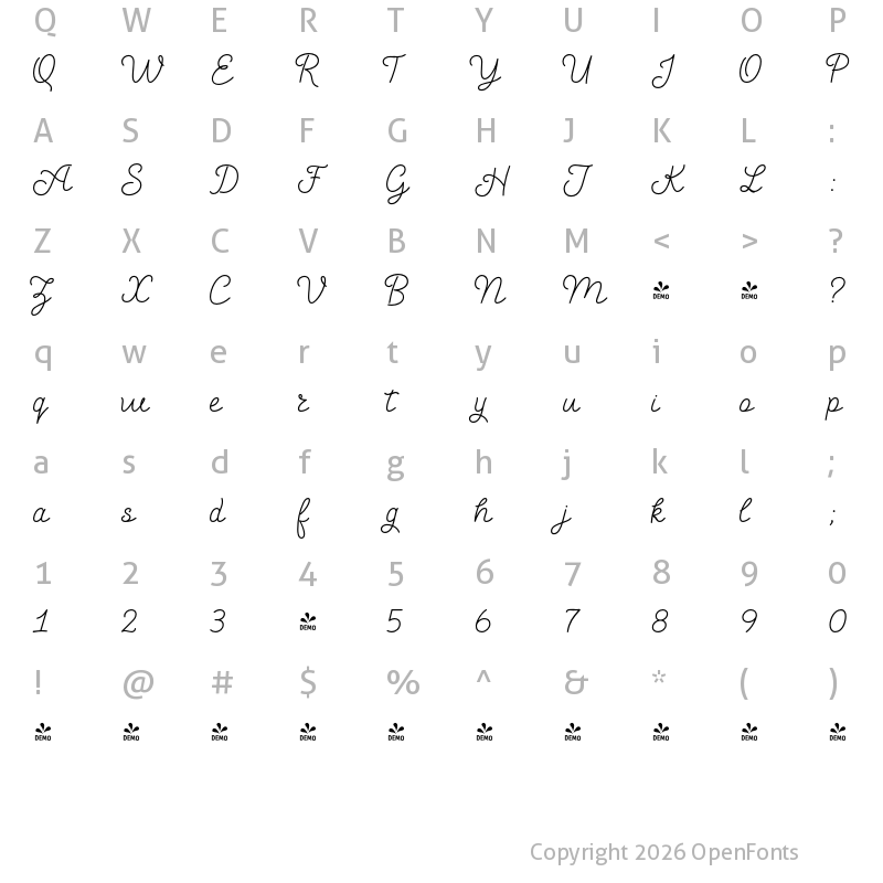 Character Map of FONTSPRING DEMO - Salve Script1 Bold Regular