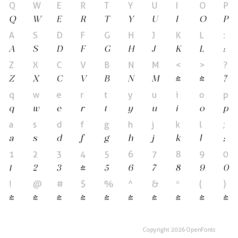 Character Map of FONTSPRING DEMO - San de More Bold Italic