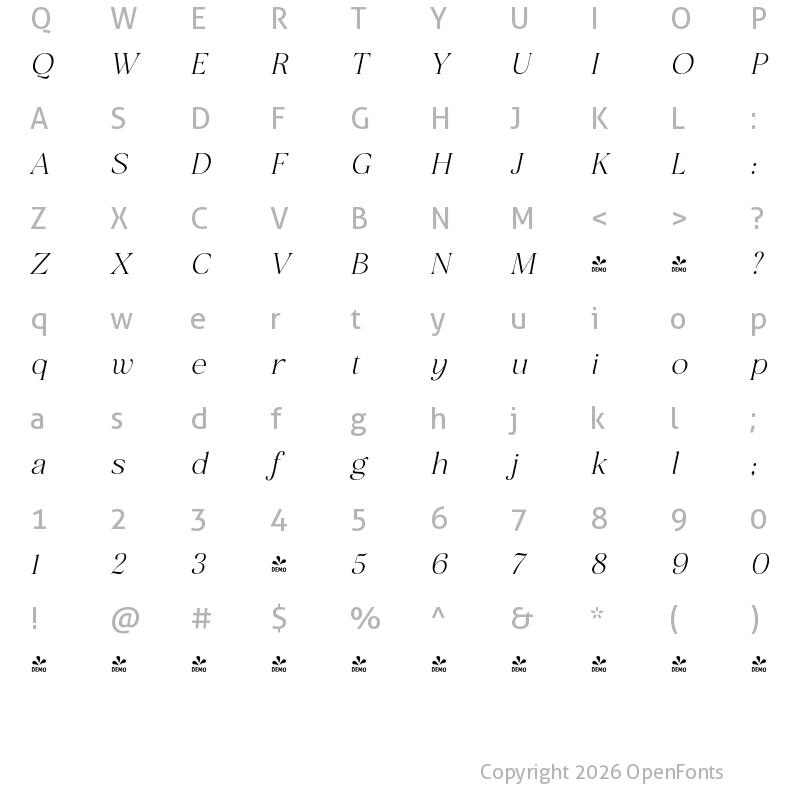 Character Map of FONTSPRING DEMO - San de More Med Italic