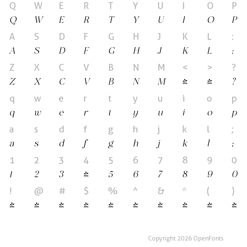 Character Map of FONTSPRING DEMO - San de More SemBd Italic