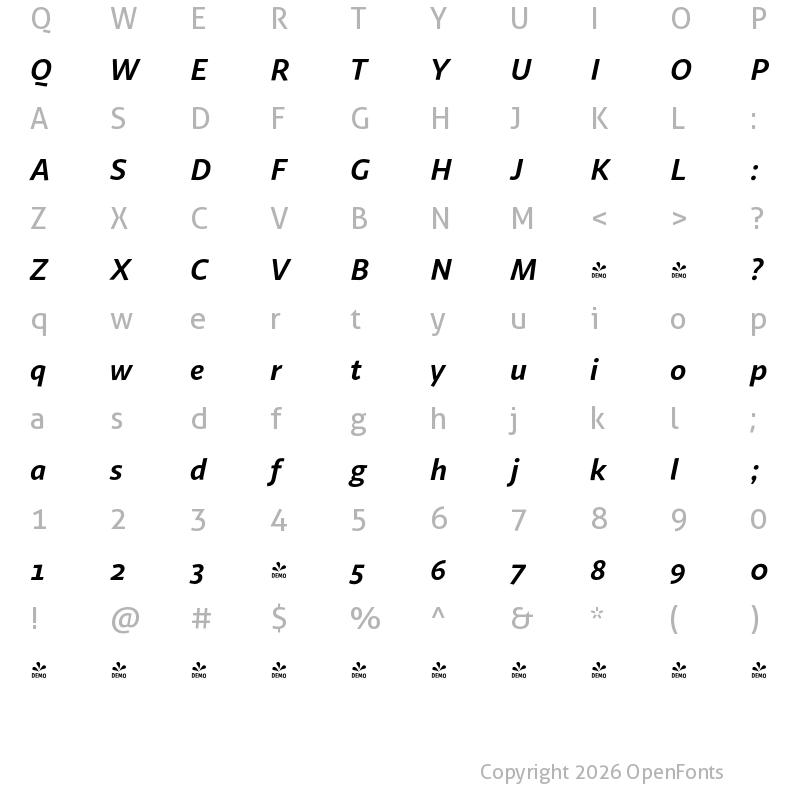 Character Map of FONTSPRING DEMO - Sana Sans Bold Italic Regular