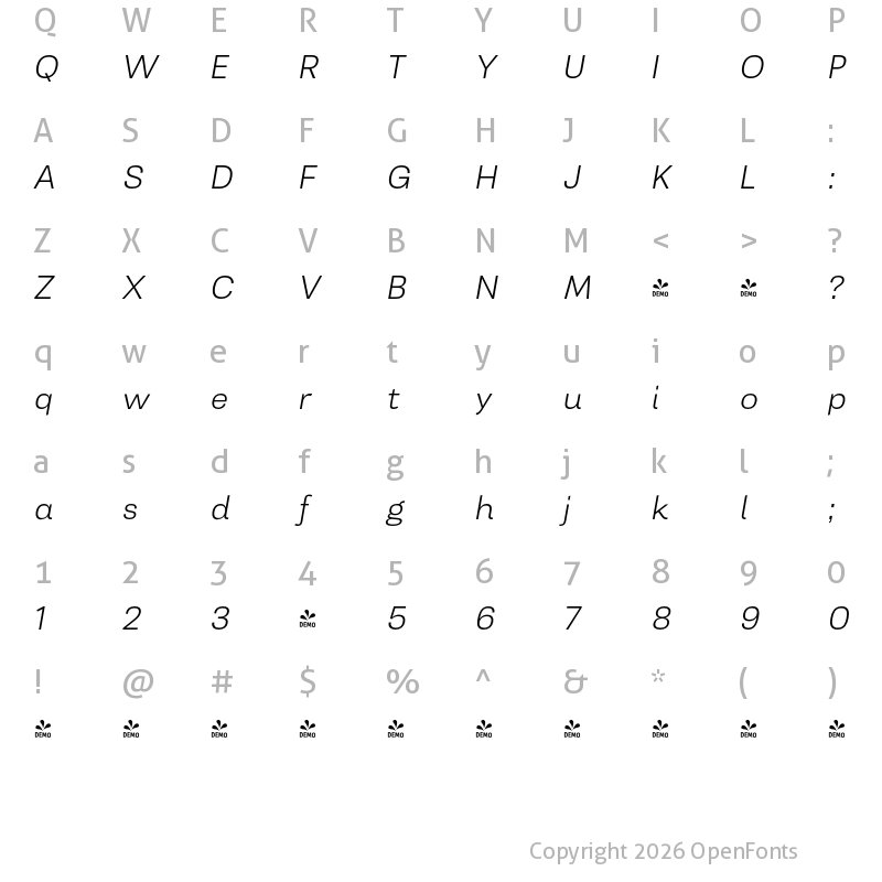 Character Map of FONTSPRING DEMO - Sans ExtLt It Italic